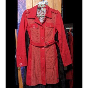 Desigual Red Lace Long Jacket (Rain coat?) Trench Coat - Size 38